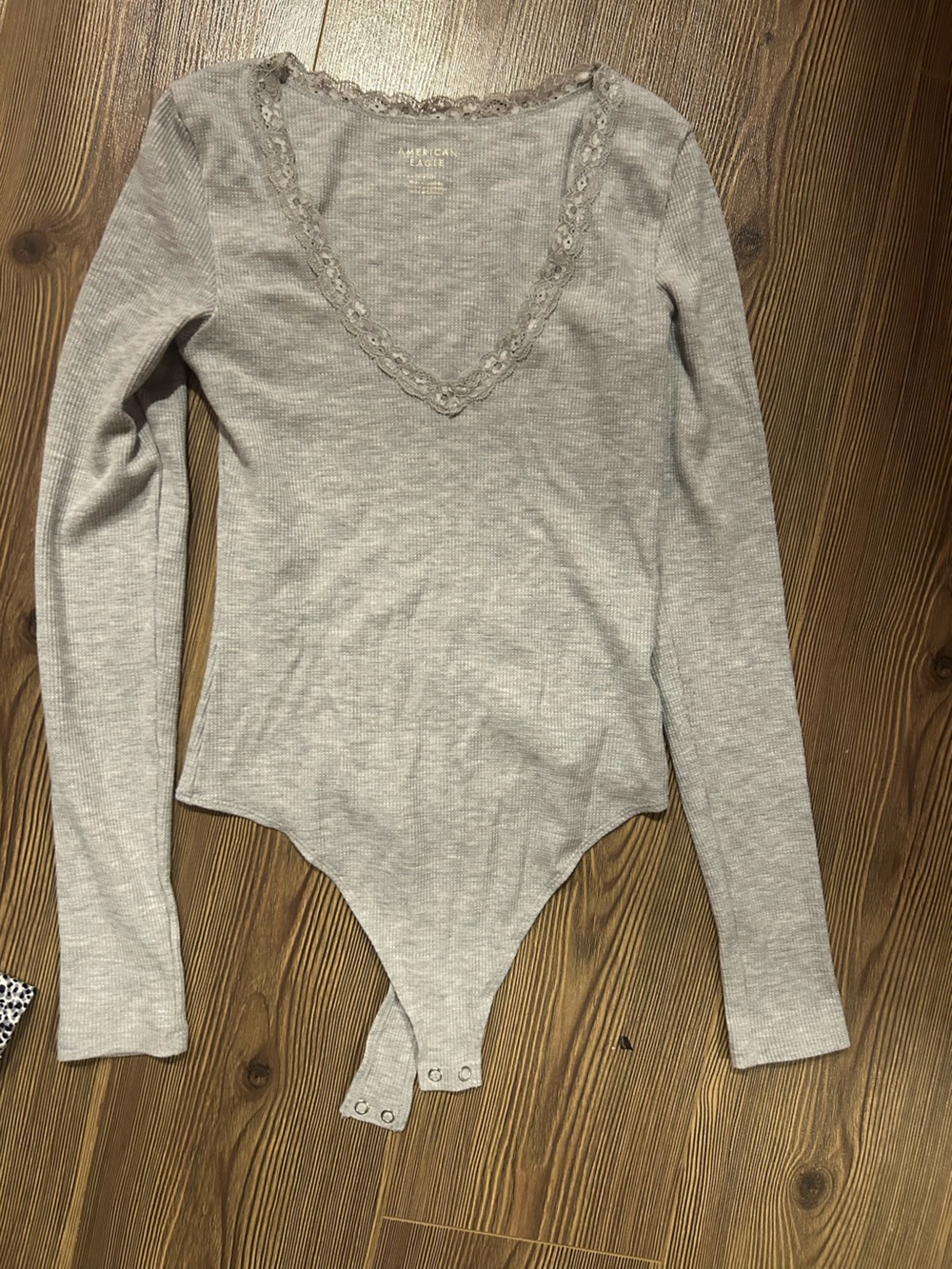 American Eagle Outfitters Gray Lace-Trim Long-Sleeve Bodysuit